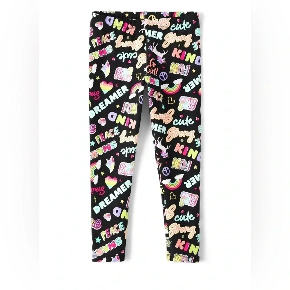 Girls Doodle Leggings, Black, Various Sizes